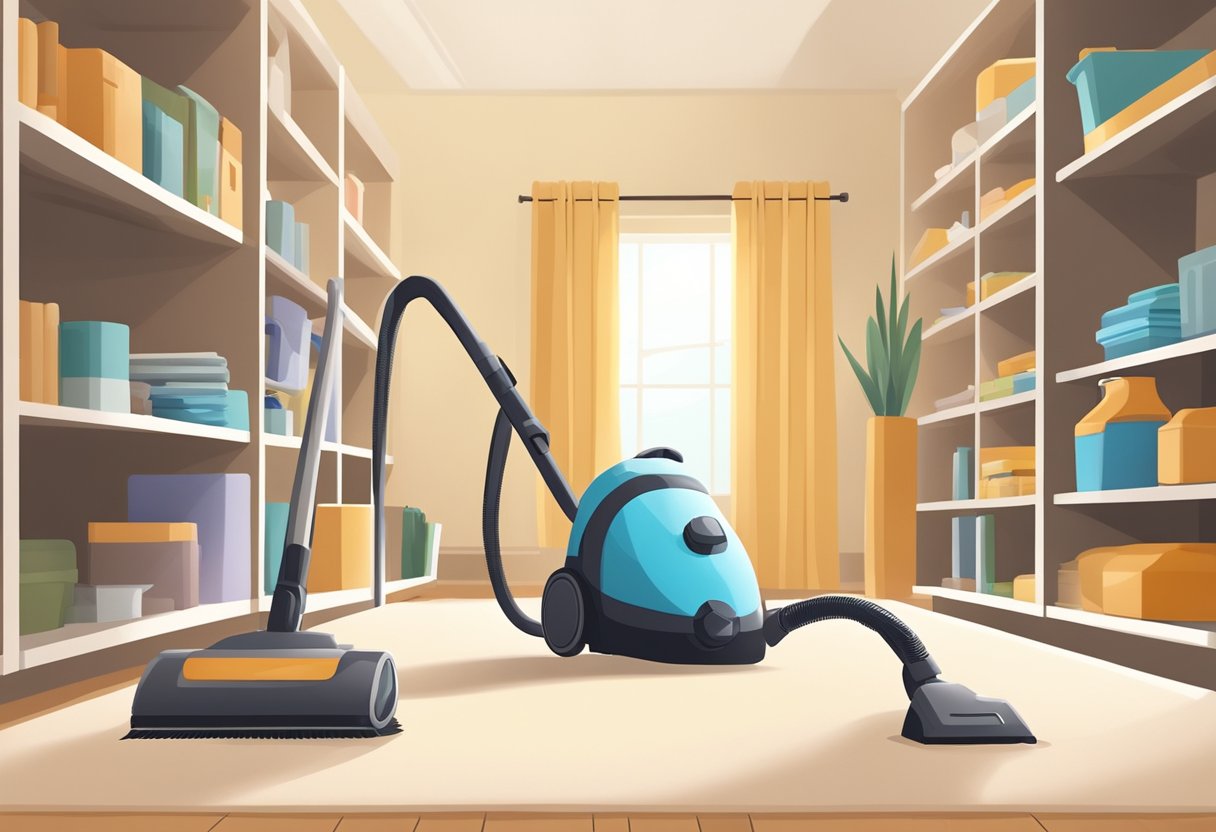 A vacuum cleaner glides across a freshly cleaned carpet, while a duster sweeps over shelves and surfaces in a tidy, well-lit room