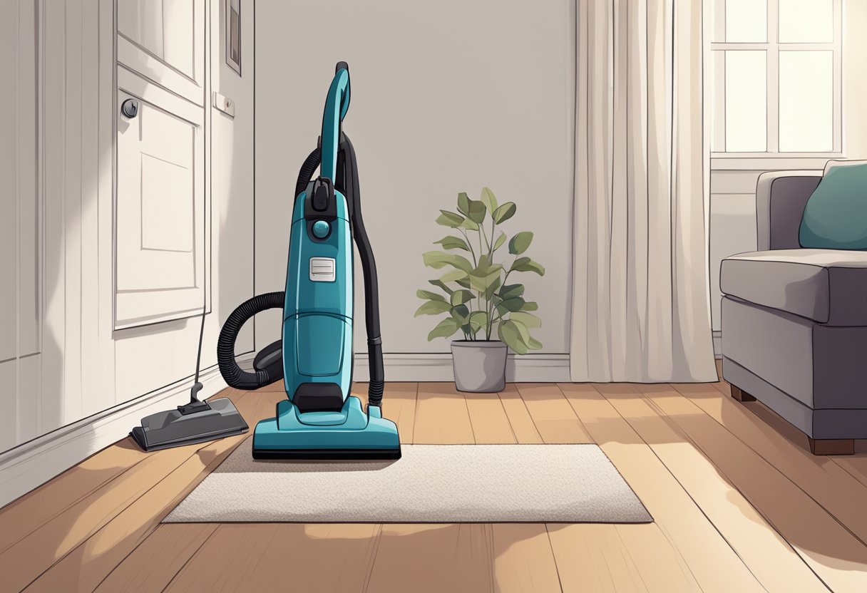 A vacuum cleaner sits in the corner of a tidy living room, with a cleaning schedule pinned to the wall nearby