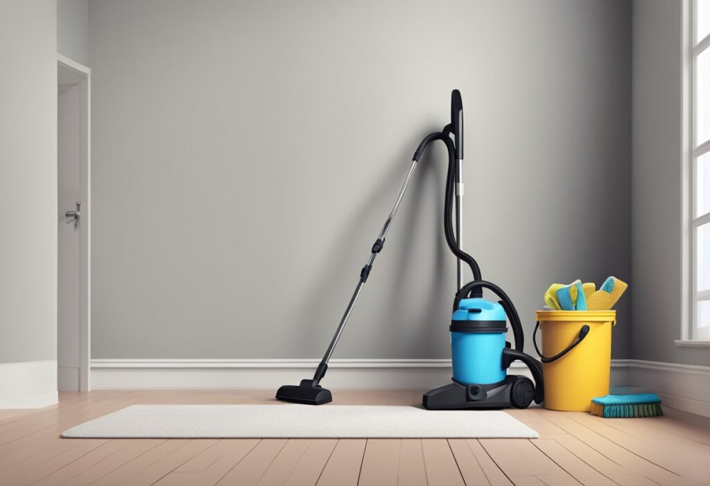 A vacuum cleaner sits in the corner, next to a bucket of cleaning supplies. A duster and mop lean against the wall, ready for use
