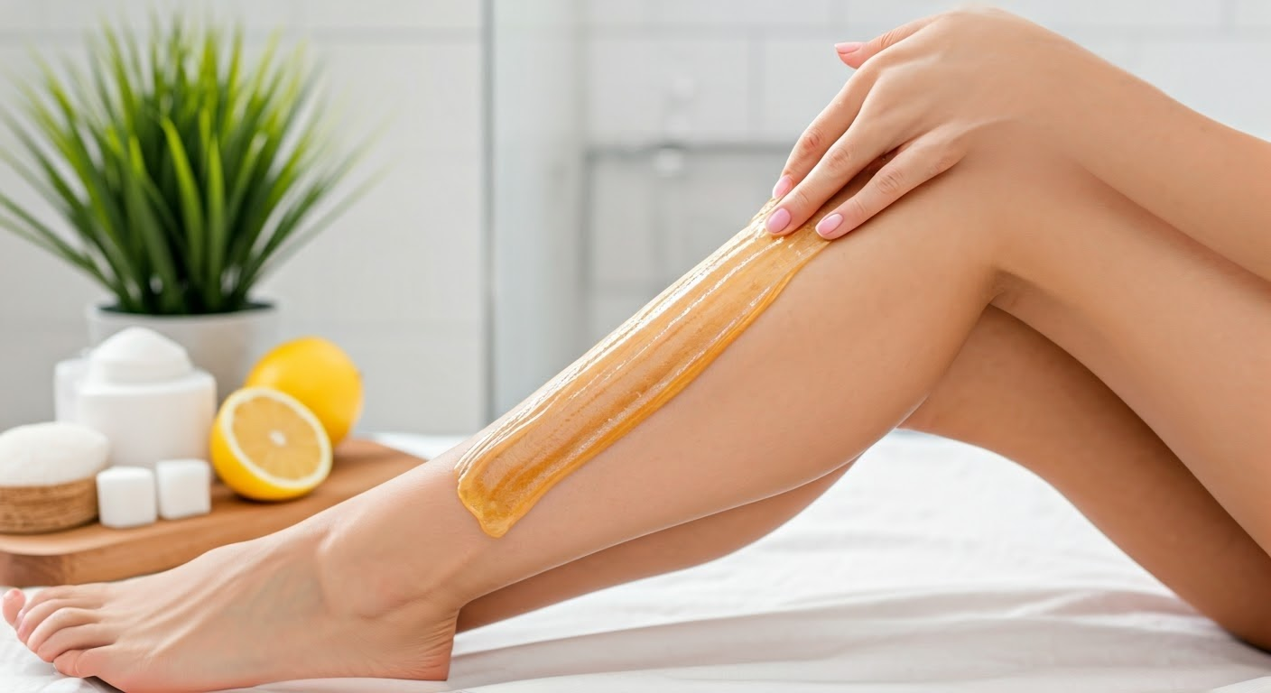 Woman applying sugar wax on legs