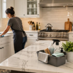 A woman deep-cleaning a bright modern kitchen with a microfiber cloth, surrounded by stainless steel appliances, white cabinets, and organized cleaning supplies.